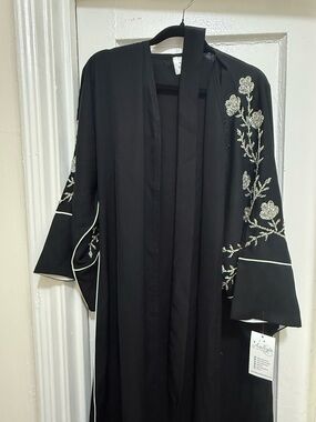 Black Embroidered Long Robe with Silver Floral Detail - Brand: